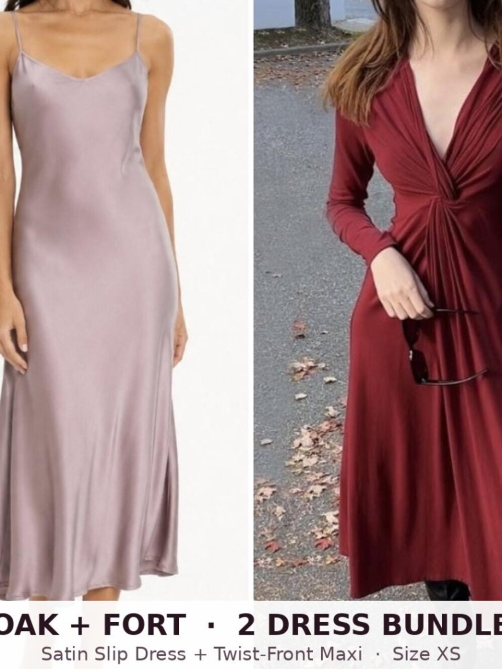 OAK + FORT Dress Bundle 2 Dresses Mauve Satin Slip + Maroon Twist Maxi XS